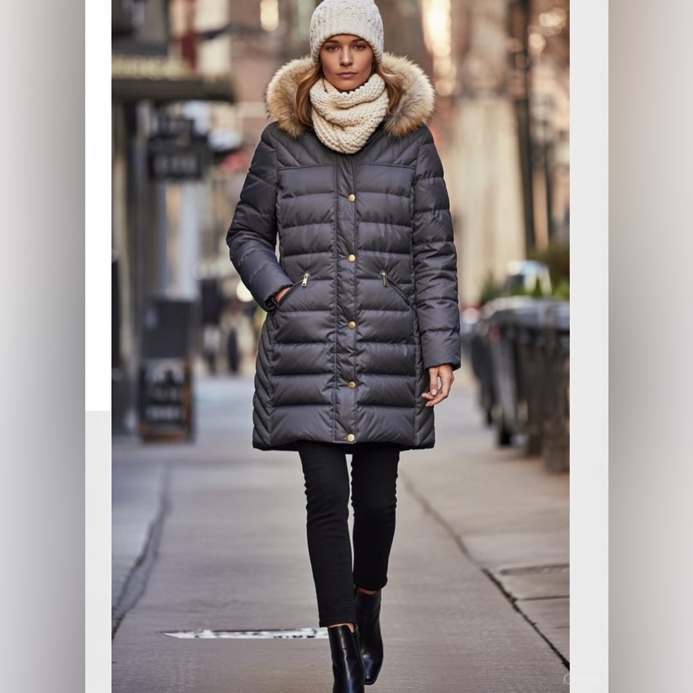 Michael Kors Gray Quilted Coat with Faux Fur Hood - Picture 3 of 10